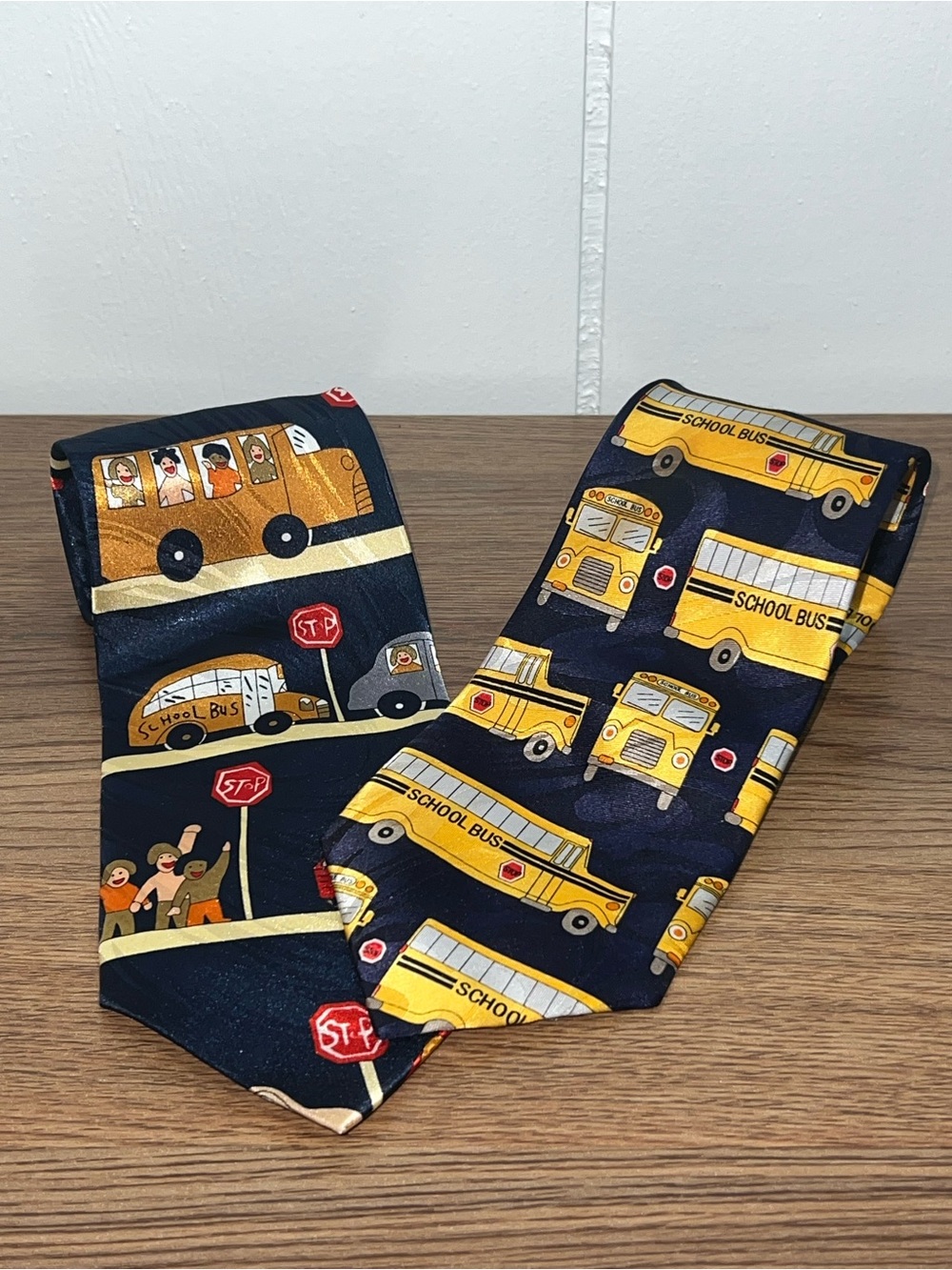 Vintage School Bus Novelty Necktie Navy Yellow Teacher Bus Driver Transportation
